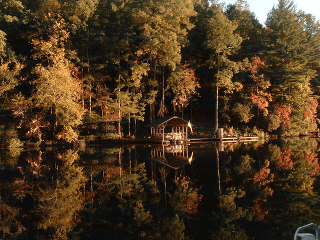 A lake with trees and a house in the background
